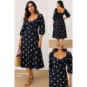 NWT Free Assembly Polka Dot Maxi Dress Navy Cottagecore Puff Sleeve